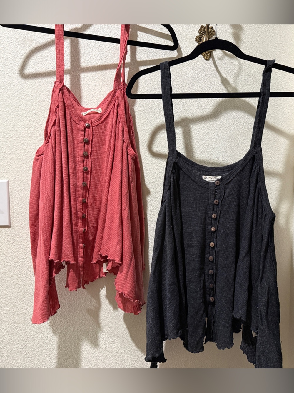 We The Free Coral Pink & Charcoal Black Button-Front Tank Tops